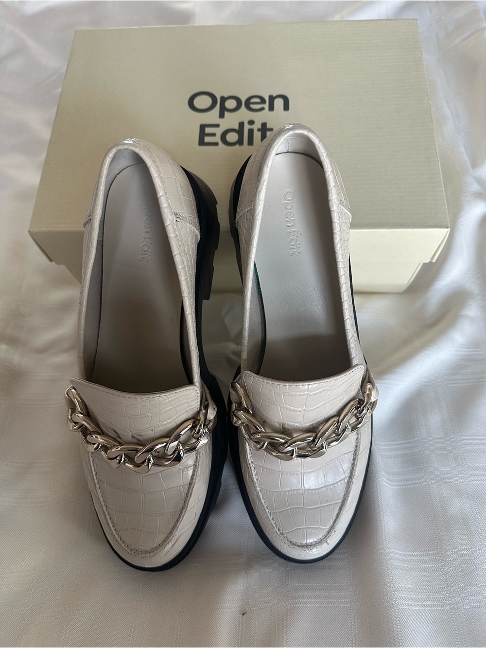 Open Edit Cream Croc-Embossed Chain Loafers for Women